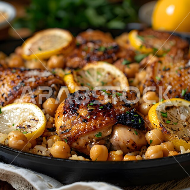The concept of banquets and invitations, the art of presentation in restaurants and kitchens in the Kingdom of Saudi Arabia, dishes of traditional popular Arab cuisine, delicious healthy food recipes, a close-up of a plate of chicken and chickpeas