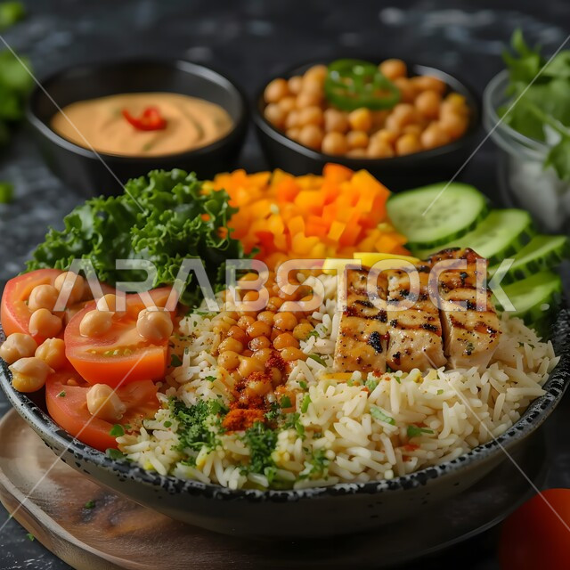 Presentation arts in restaurants and kitchens of the Kingdom of Saudi Arabia, dishes of traditional popular Arab cuisine, delicious healthy food recipes, the concept of feasts and invitations, a close-up of a plate of a bowl of rice with chicken and chickpeas with fresh vegetables