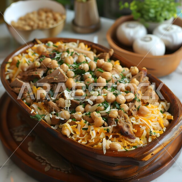 فنون التقديم في مطاعم ومطابخ المملكة العربية السعودية، أطباق من المأكولات العربية التقليدية الشعبية، وصفات طعام شهية صحية لذيذة، مفهوم الولائم والعزائم، صورة مقربة لطبق من سلطة الحمص والدجاج