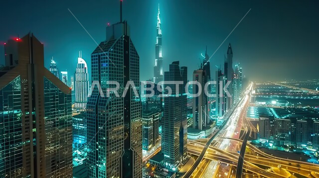 منظر تخيلي مستقبلي للتقدم و النمو العمراني للمباني والمنشآت التجارية الشاهقة في الامارات العربية المتحدة, رؤية مستقبلية 2030, الفن الهندسي المعماري للأبراج وناطحات السحاب, بناء مستقبل حضاري ومتطور