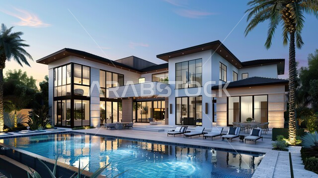 الفناء الخارجي ذو الطبيعة الخضراء والأشجار ونباتات الزينة، حمام السباحة الكبير بأشكال هندسية مبتكرة, المباني ذات الواجهة الزجاجية , تصاميم حديثة وديكورات داخلية مميزة, فلل وشقق سكنية في المملكة العربية السعودية، الفن المعماري الهندسي المعاصر