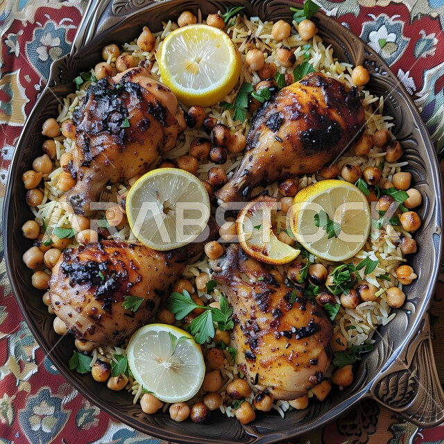 فنون التقديم في مطاعم ومطابخ المملكة العربية السعودية، أطباق من المأكولات العربية التقليدية الشعبية، وصفات طعام شهية صحية لذيذة، وجبة ذات قيمة غذائية، مفهوم الولائم والعزائم، صورة مقربة لطبق من الدجاج المشوي مع الحمص