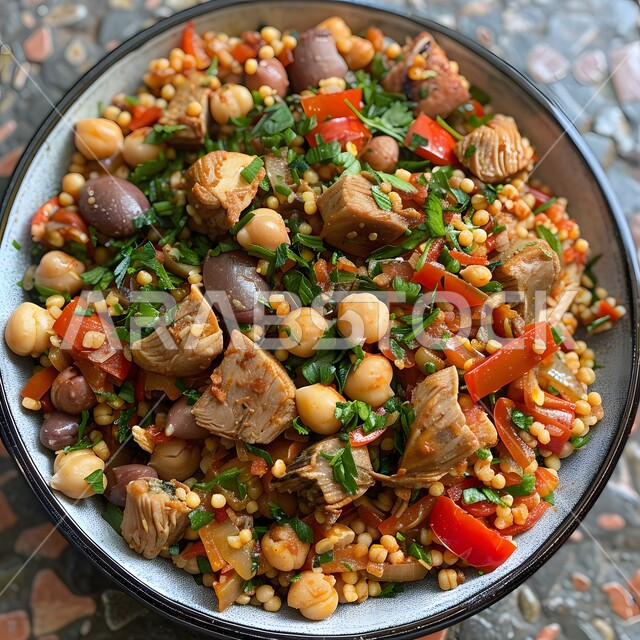 وجبة ذات قيمة غذائية، مفهوم الولائم والعزائم، فنون التقديم في مطاعم ومطابخ المملكة العربية السعودية، أطباق من المأكولات العربية التقليدية الشعبية، وصفات طعام شهية صحية لذيذة، صورة مقربة لطبق من الكسكس مع الحمص