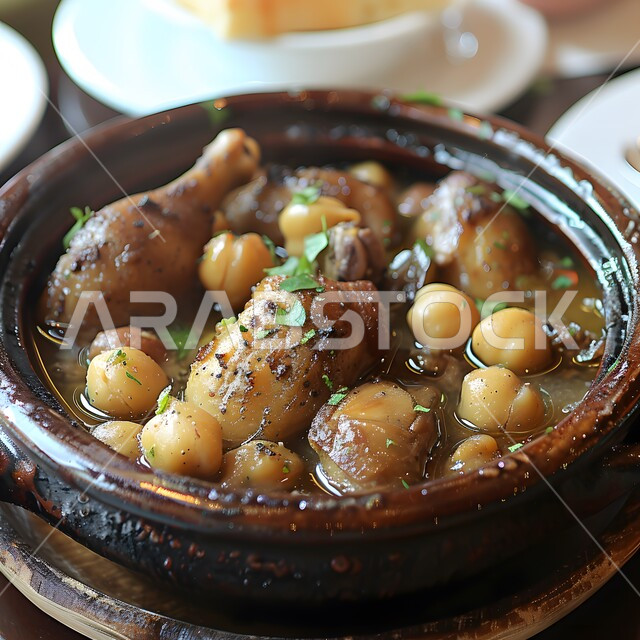 وجبة ذات قيمة غذائية، مفهوم الولائم والعزائم، فنون التقديم في مطاعم ومطابخ المملكة العربية السعودية، أطباق من المأكولات العربية التقليدية الشعبية، وصفات طعام شهية صحية لذيذة، صورة مقربة لطبق من حساء الدجاج والكستناء