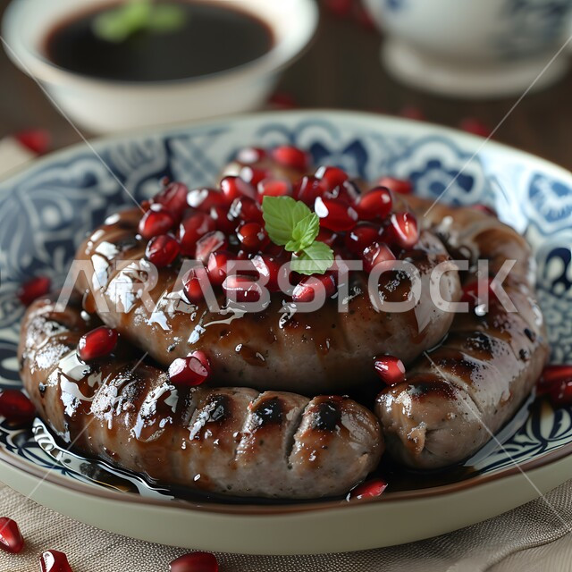 فنون التقديم في مطاعم ومطابخ المملكة العربية السعودية، مفهوم الولائم والعزائم، أطباق من المأكولات العربية التقليدية الشعبية، وصفات طعام شهية صحية لذيذة، وجبة ذات قيمة غذائية، صورة مقربة لطبق من النقانق مع صلصة الرمان