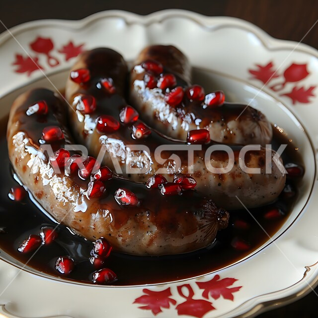 وجبة ذات قيمة غذائية، فنون التقديم في مطاعم ومطابخ المملكة العربية السعودية، مفهوم الولائم والعزائم، أطباق من المأكولات العربية التقليدية الشعبية، وصفات طعام شهية صحية لذيذة، صورة مقربة لطبق من النقانق مع صلصة الرمان