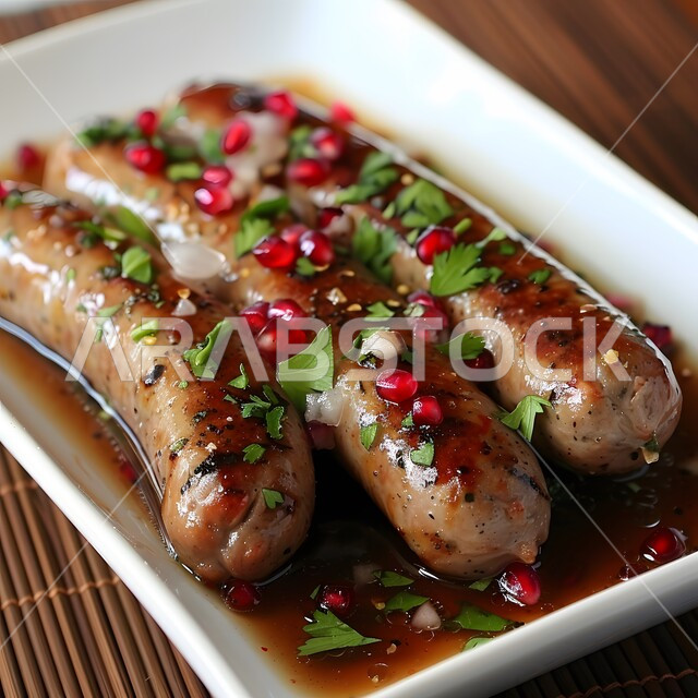 وجبة ذات قيمة غذائية، فنون التقديم في مطاعم ومطابخ المملكة العربية السعودية، مفهوم الولائم والعزائم، أطباق من المأكولات العربية التقليدية الشعبية، وصفات طعام شهية صحية لذيذة، صورة مقربة لطبق من النقانق مع صلصة الرمان