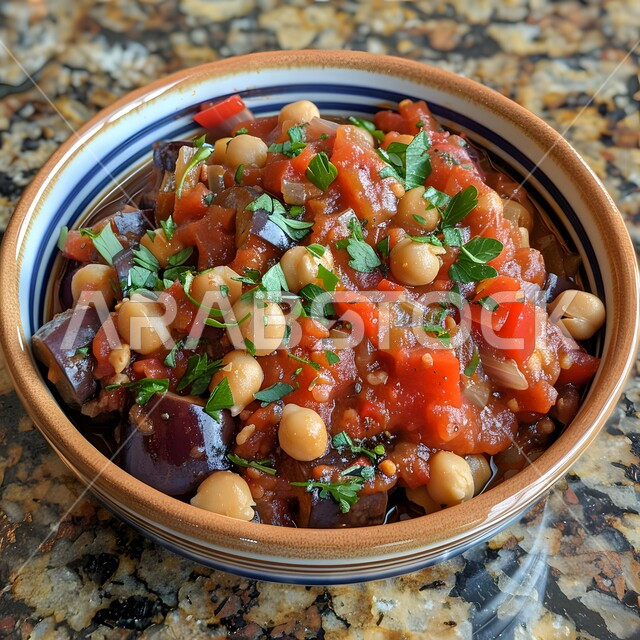 مفهوم الولائم والعزائم، أطباق من المأكولات العربية التقليدية الشعبية، وصفات طعام شهية صحية لذيذة، وجبة ذات قيمة غذائية، فنون التقديم في مطاعم ومطابخ المملكة العربية السعودية، صورة مقربة لطبق من شوربة الحمص والباذنجان