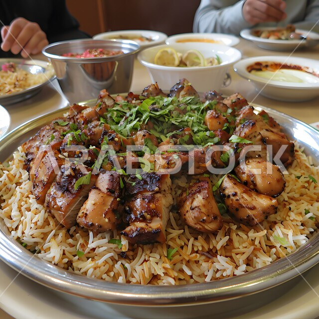 وجبة ذات قيمة غذائية، فنون التقديم في مطاعم ومطابخ المملكة العربية السعودية، مفهوم الولائم والعزائم، أطباق من المأكولات العربية التقليدية الشعبية، وصفات طعام شهية صحية لذيذة، صورة مقربة لطبق من الأرز مع الدجاج