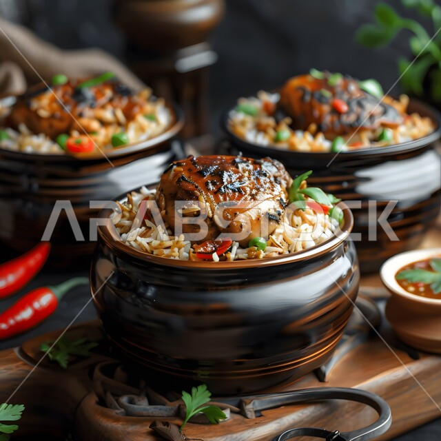 فنون التقديم في مطاعم ومطابخ المملكة العربية السعودية، مفهوم الولائم والعزائم، أطباق من المأكولات العربية التقليدية الشعبية، وصفات طعام شهية صحية لذيذة، وجبة ذات قيمة غذائية، صورة مقربة لطبق من الأرز مع الدجاج