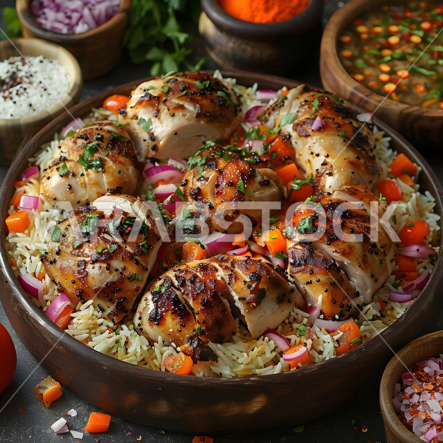 وجبة ذات قيمة غذائية، فنون التقديم في مطاعم ومطابخ المملكة العربية السعودية، مفهوم الولائم والعزائم، أطباق من المأكولات العربية التقليدية الشعبية، وصفات طعام شهية صحية لذيذة، صورة مقربة لطبق من الأرز مع الدجاج