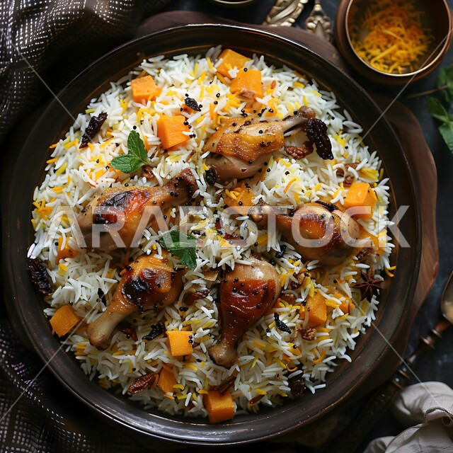 مفهوم الولائم والعزائم، أطباق من المأكولات العربية التقليدية الشعبية، وصفات طعام شهية صحية لذيذة، وجبة ذات قيمة غذائية، فنون التقديم في مطاعم ومطابخ المملكة العربية السعودية، صورة مقربة لطبق من الأرز المقلي بالدجاج