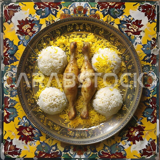 وجبة ذات قيمة غذائية، فنون التقديم في مطاعم ومطابخ المملكة العربية السعودية، مفهوم الولائم والعزائم، أطباق من المأكولات العربية التقليدية الشعبية، وصفات طعام شهية صحية لذيذة، صورة مقربة لطبق من الأرز مع الدجاج