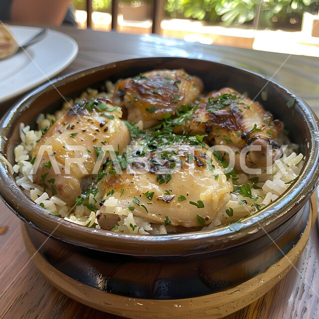 Presentation arts in restaurants and kitchens in the Kingdom of Saudi Arabia, the concept of banquets and invitations, dishes from traditional popular Arab cuisine, delicious healthy food recipes, a meal with nutritional value, a close-up of a plate of rice with chicken