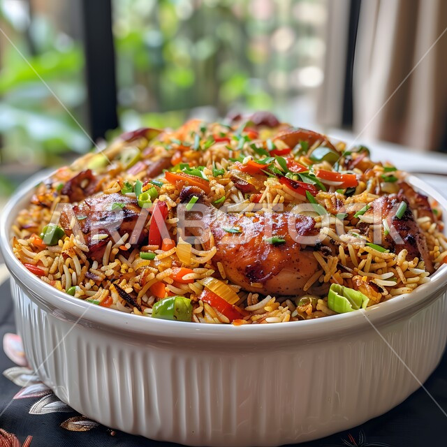 مفهوم الولائم والعزائم، أطباق من المأكولات العربية التقليدية الشعبية، وصفات طعام شهية صحية لذيذة، وجبة ذات قيمة غذائية، فنون التقديم في مطاعم ومطابخ المملكة العربية السعودية، صورة مقربة لطبق من الأرز المقلي بالدجاج والخضا