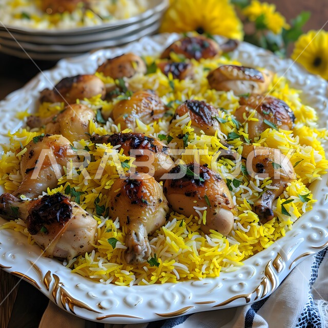A meal with nutritional value, the art of presentation in restaurants and kitchens in the Kingdom of Saudi Arabia, the concept of banquets and invitations, dishes of traditional popular Arab cuisine, delicious healthy food recipes, a close-up of a plate of rice and chicken