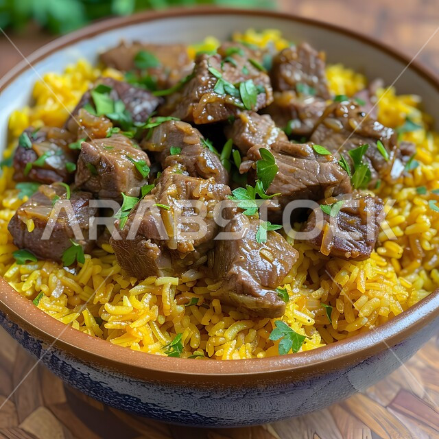 فنون التقديم في مطاعم ومطابخ المملكة العربية السعودية، مفهوم الولائم والعزائم، أطباق من المأكولات العربية التقليدية الشعبية، وصفات طعام شهية صحية لذيذة، وجبة ذات قيمة غذائية، صورة مقربة لطبق من الأرز واللحم