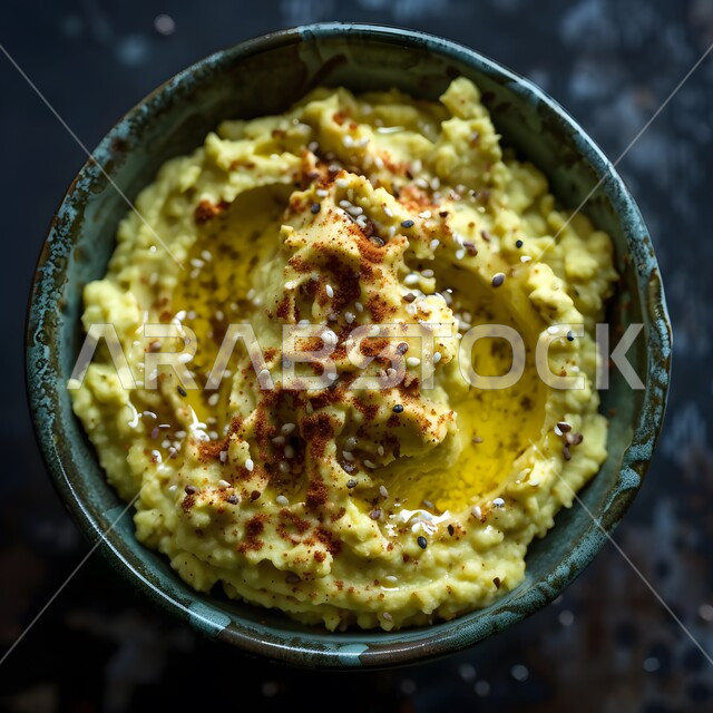 صحن من المقبلات الباردة، فنون التقديم في مطاعم ومطابخ المملكة العربية السعودية، أطباق من المأكولات العربية التقليدية الشعبية، وصفات طعام شهية صحية لذيذة، صورة مقربة لطبق من الحمص الكريمي مع زيت الزيتون