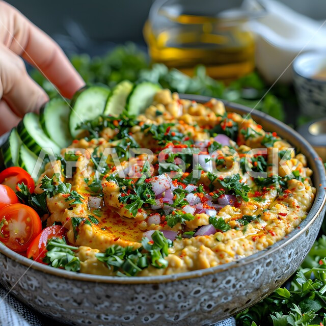 فنون التقديم في مطاعم ومطابخ المملكة العربية السعودية،صحن من المقبلات الباردة، أطباق من المأكولات العربية التقليدية الشعبية، وصفات طعام شهية صحية لذيذة،  صورة مقربة لطبق من الحمص الكريمي مع زيت الزيتون