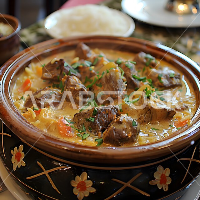 فنون التقديم في مطاعم ومطابخ المملكة العربية السعودية، أطباق من المأكولات العربية التقليدية الشعبية، مفهوم الولائم والعزائم، وصفات طعام شهية صحية لذيذة، صورة مقربة لطبق من لحم البقر المطهي مع صلصة كريمة