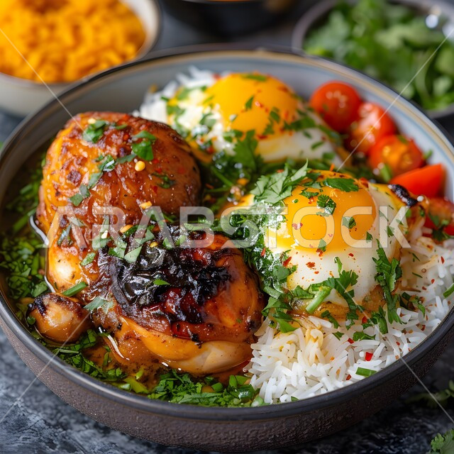 وجبة ذات قيمة غذائية عالية، فنون التقديم في مطاعم ومطابخ المملكة العربية السعودية، أطباق من المأكولات العربية التقليدية الشعبية، وصفات طعام شهية صحية لذيذة، صورة مقربة لطبق من الارز مع الدجاج والبيض
