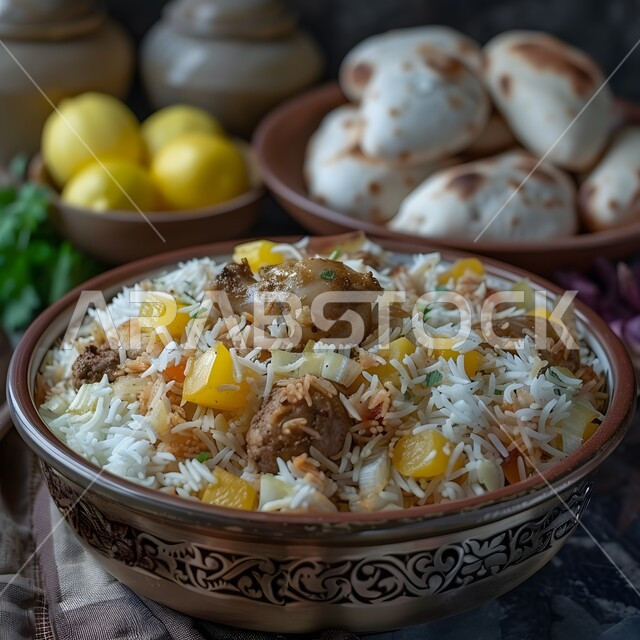 Presentation arts in restaurants and kitchens of the Kingdom of Saudi Arabia, dishes of traditional popular Arab cuisine, delicious healthy food recipes, a meal with high nutritional value, a close-up of a plate of chicken biryani
