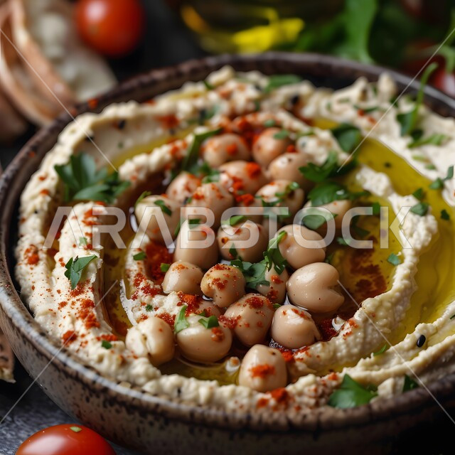 صحن من المقبلات الباردة، فنون التقديم في مطاعم ومطابخ المملكة العربية السعودية، أطباق من المأكولات العربية التقليدية الشعبية، وصفات طعام شهية صحية لذيذة، صورة مقربة لطبق من الحمص الكريمي مع زيت الزيتون