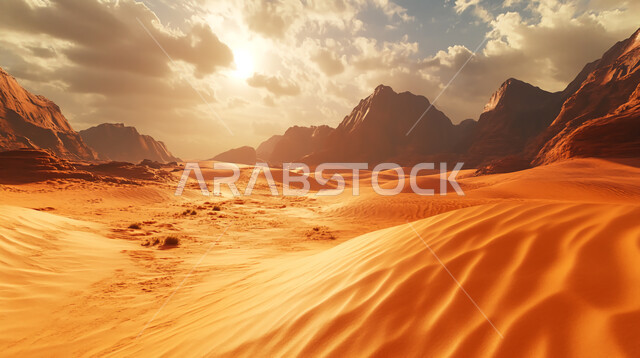  مناطق البادية  وقت غروب الشمس، نمو النباتات الخضراء والأعشاب البرية في الأراضي الصحراوية ، التلال والهضاب من الرمال الناعمة، التكوينات والتشكلات الرملية في صحراء المملكة العربية السعودية، التضاريس و المرتفعات والقمم الجبلية في البراري، خلفية الطبيعة