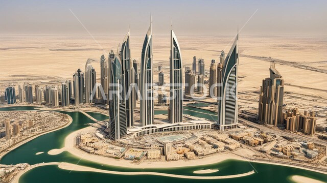 منظر تخيلي مستقبلي للابراج، أبراج وناطحات السحاب المطلة على البحر الاصطناعي في مدينة دبي، فن الهندسة المعمارية، صورة من الأعلى للنمو والتطور العمراني للمباني والمرافق في الإمارات