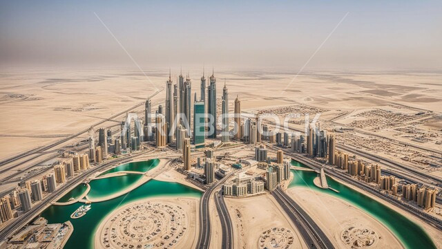 منظر تخيلي مستقبلي للابراج، أبراج وناطحات السحاب المطلة على البحر الاصطناعي في مدينة دبي، فن الهندسة المعمارية، صورة من الأعلى للنمو والتطور العمراني للمباني والمرافق في الإمارات