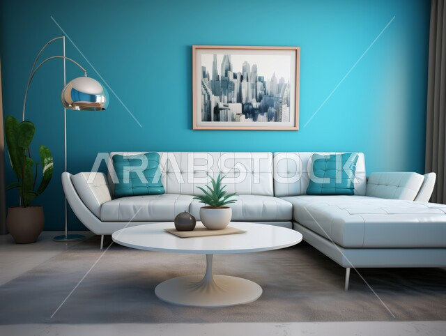 Interior design for villas and apartments in Saudi Arabia, elegant designs for a modern living room, a living room with luxurious white home furniture, modern accessories and antiques