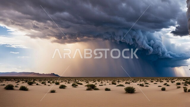 الكثبان والرمال الذهبية الناعمة، غبار العاصفة الرملية في الصحراء,   التشكيلات والتكوينات الرملية في المملكة العربية السعودية, نمو النباتات الخضراء والأعشاب البرية في الأراضي الصحراوية ، الزوابع الغبارية القوية