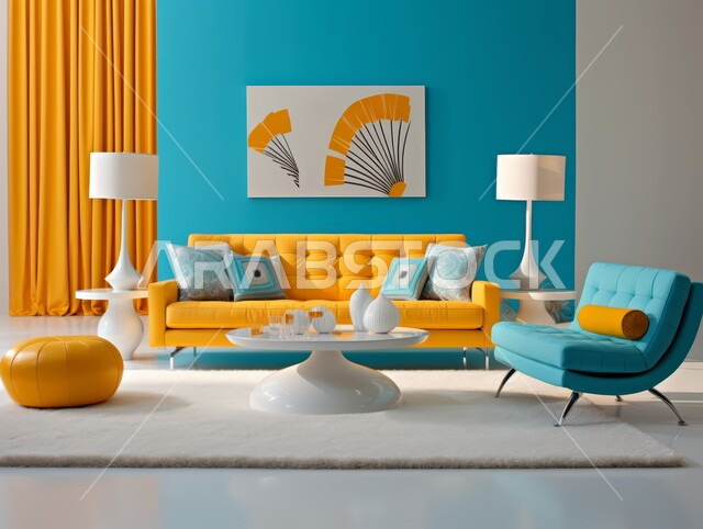 ديكور داخلي للفلل والشقق السكنية في المملكة العربية السعودية ،التصاميم الراقية لغرفة الجلوس على الطراز الحديث ،غرفة معيشة مع أثاث منزلي فاخر باللون الأزرق والأصفر ،اكسسوارات وتحف وأضواء عصرية 