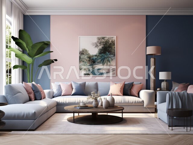 ديكور داخلي للفلل والشقق السكنية في المملكة العربية السعودية ،التصاميم الراقية لغرفة الجلوس على الطراز الحديث ،غرفة معيشة مع أثاث منزلي فاخر باللون الأبيض ،اكسسوارات وتحف وأضواء عصرية 