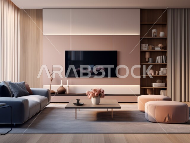 ديكور داخلي للفلل والشقق السكنية في المملكة العربية السعودية ،التصاميم الراقية لغرفة الجلوس على الطراز الحديث باللون البيج ،غرفة معيشة مع أثاث منزلي فاخر ،اكسسوارات وتحف وأضواء عصرية 