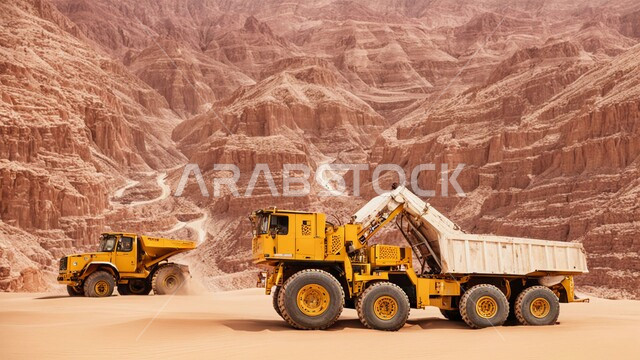 أماكن مناجم الفحم الطبيعي، مناطق التنقيب عن الثروات الباطنية، الطبيعة الصخرية وتضاريس السلاسل الجبلية، المرتفعات وقمم الجبال في المملكة العربية السعودية، سيارة شحن كبيرة تقوم بالعمل في موقع التعدين، التخلص من الأتربة والصخور ونقلها بعيدا
