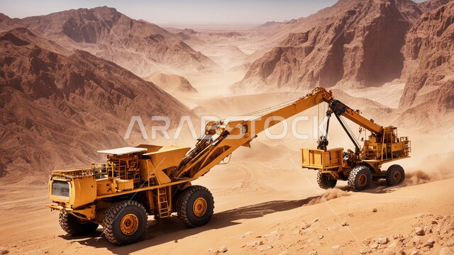  سيارة شحن كبيرة تقوم بالعمل في موقع التعدين،أماكن مناجم الفحم الطبيعي، مناطق التنقيب عن الثروات الباطنية، الطبيعة الصخرية وتضاريس السلاسل الجبلية، المرتفعات وقمم الجبال في المملكة العربية السعودية، التخلص من الأتربة والصخور ونقلها بعيدا