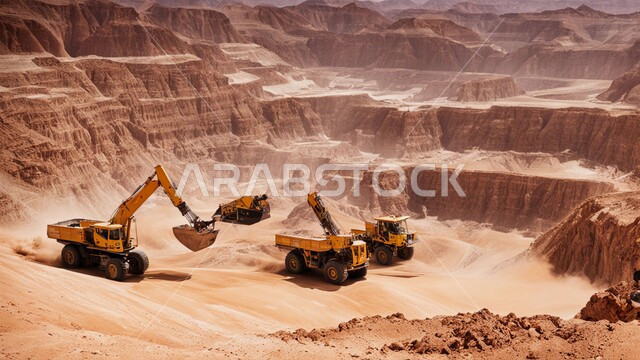 أماكن مناجم الفحم الطبيعي، مناطق التنقيب عن الثروات الباطنية، الطبيعة الصخرية وتضاريس السلاسل الجبلية، المرتفعات وقمم الجبال في المملكة العربية السعودية، سيارة شحن كبيرة تقوم بالعمل في موقع التعدين، التخلص من الأتربة والصخور ونقلها بعيدا