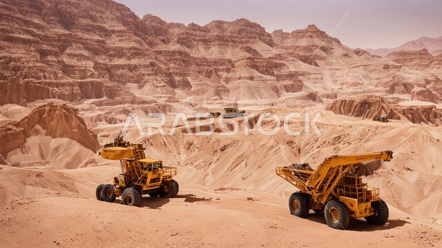 مناطق التنقيب عن الثروات الباطنية، أماكن مناجم الفحم الطبيعي، الطبيعة الصخرية وتضاريس السلاسل الجبلية، المرتفعات وقمم الجبال في المملكة العربية السعودية، سيارات شحن  تقوم بالعمل في موقع التعدين، التخلص من الأتربة والصخور ونقلها بعيدا