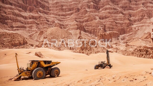  سيارة شحن كبيرة تقوم بالعمل في موقع التعدين،أماكن مناجم الفحم الطبيعي، مناطق التنقيب عن الثروات الباطنية، الطبيعة الصخرية وتضاريس السلاسل الجبلية، المرتفعات وقمم الجبال في المملكة العربية السعودية، التخلص من الأتربة والصخور ونقلها بعيدا