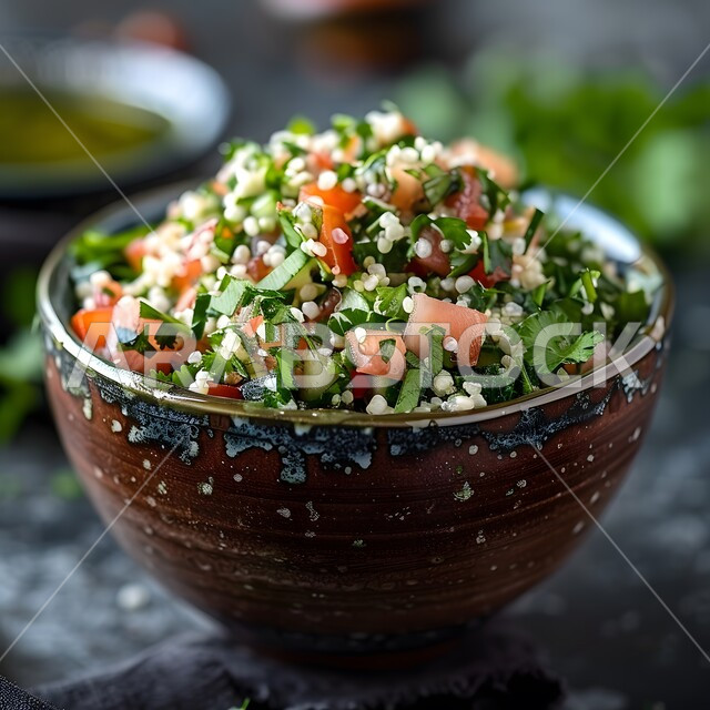 أطباق المقبلات العربية والمأكولات الشرقية، طبق التبولة مليء بالخضراوات الطازجة، تقديم وجبات طعام صحية ومفيدة في المطاعم السعودية، حمية غذائية للمحافظة على اللياقة البدنية، أطعمة غنية بالفيتامينات