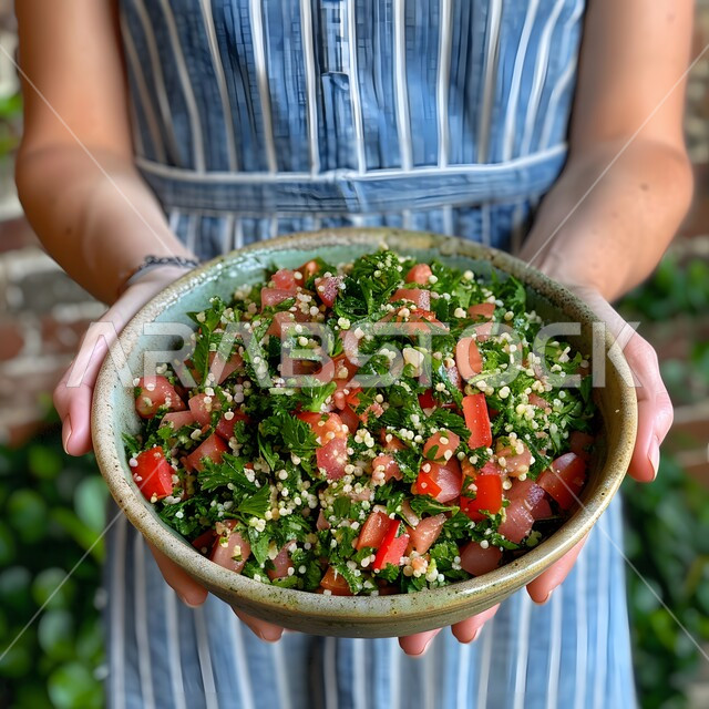 أطباق المقبلات العربية والمأكولات الشرقية، طبق التبولة مليء بالخضراوات الطازجة، تقديم وجبات طعام صحية ومفيدة في المطاعم السعودية، حمية غذائية للمحافظة على اللياقة البدنية، أطعمة غنية بالفيتامينات