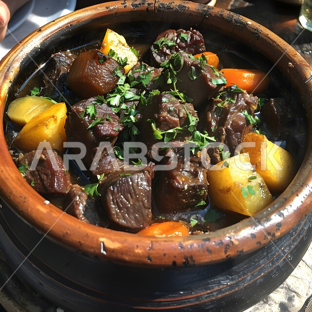  طاجن لحم بالخضروات المتنوعة والتوابل والأعشاب الطازجة، وجبات الأطعمة الصحية الشهية، مطاعم للمأكولات الشرقية في السعودية, أكلات عربية تقليدية شعبية, وصفات وأطباق طعام لذيذة غنية بالنكهات