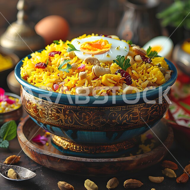  طبق من أرز الكبسة مع قطع اللحم المزين بالمكسرات، صحن من المندي بالدجاج المشوي مع الخضار المشكلة، ولائم وأطباق عربية تقليدية شعبية، وصفات الطعام الشهية، المأكولات والوجبات الشرقية، مطابخ ومطاعم المملكة العربية السعودية