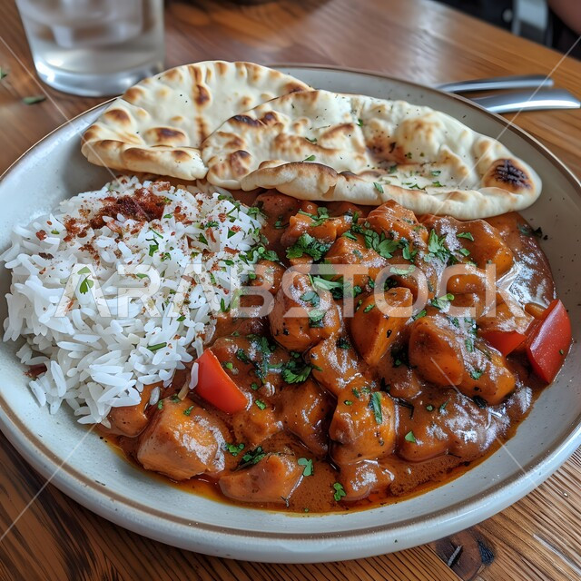 طبق من الأرز الأبيض مع قطع اللحم المطبوخة بالبهارات الغنية بالنكهات والمزين بالبقدونس، ولائم وأطباق عربية تقليدية شعبية، وصفات الطعام الشهية، المأكولات والوجبات الشرقية، مطابخ ومطاعم المملكة العربية السعودية