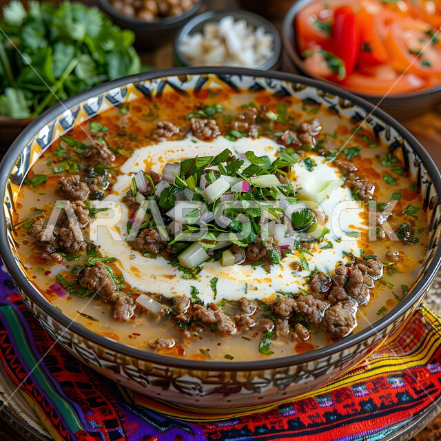 حساء بقطع اللحم المطبوخ مع الخضار بنكهات التوابل والأعشاب، المقبلات الساخنة الشهية، أطباق وأكلات شعبيه تقليدية، المأكولات والوجبات الشرقية، مطابخ ومطاعم المملكة العربية السعودية, وجبات مشبعة وطعام صحي