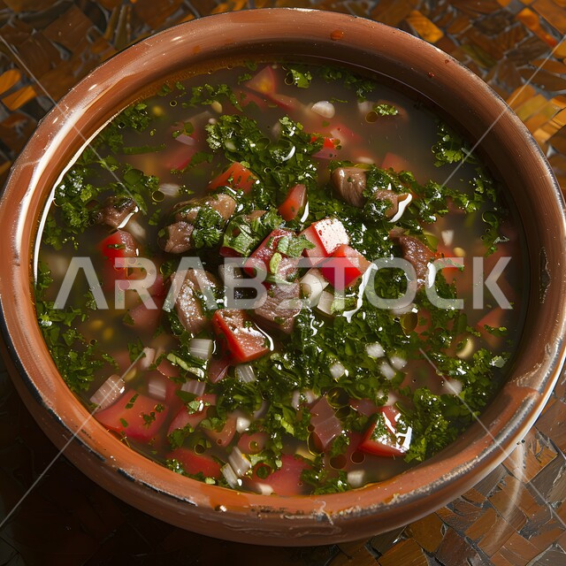 حساء بقطع اللحم المطبوخ مع الخضار بنكهات التوابل والأعشاب، المقبلات الساخنة الشهية، أطباق وأكلات شعبيه تقليدية، المأكولات والوجبات الشرقية، مطابخ ومطاعم المملكة العربية السعودية, وجبات مشبعة وطعام صحي