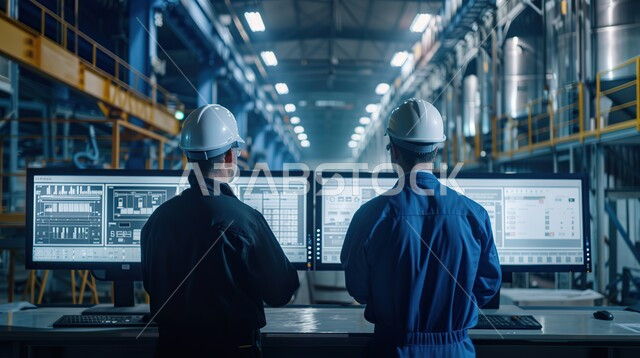 تحقيق الثورة الصناعية، اعتماد التقنيات والتكنولوجيا الحديثة في الهندسة، صورة من الخلف لمهندسين عربيين سعوديين خليجيين يرتدوا خوذة الحماية يقوموا بفحص معدات النفط والغاز في المصنع, مهن ووظائف سعودية، جودة الانتاج والتصنيع