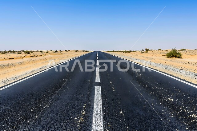 تسهيل التنقلات بين المناطق البرية والمدن، التطور والنمو العمراني في صحاري المملكة, شارع معبد لمرور السيارات وتسريع حركة المسافرين, طريق اسفلتي ممتد على طول الصحراء, تشكل الكثبان والتلال الرملية, البيئة الصحراوية الجافة في السعودية