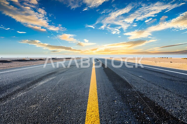 تسهيل التنقلات بين المناطق البرية والمدن، التطور والنمو العمراني في صحاري المملكة, شارع معبد لمرور السيارات وتسريع حركة المسافرين, طريق اسفلتي ممتد على طول الصحراء, تشكل الكثبان والتلال الرملية, البيئة الصحراوية الجافة في السعودية